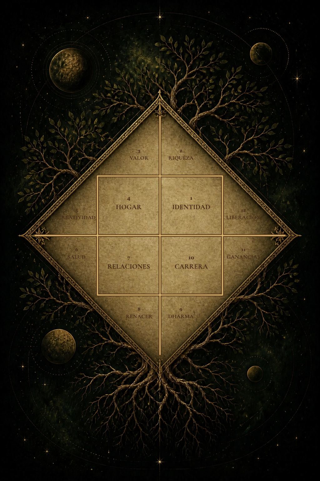 Carta decorativa de Jyotish védico con 12 casas entretejida con raíces doradas y estrellas.