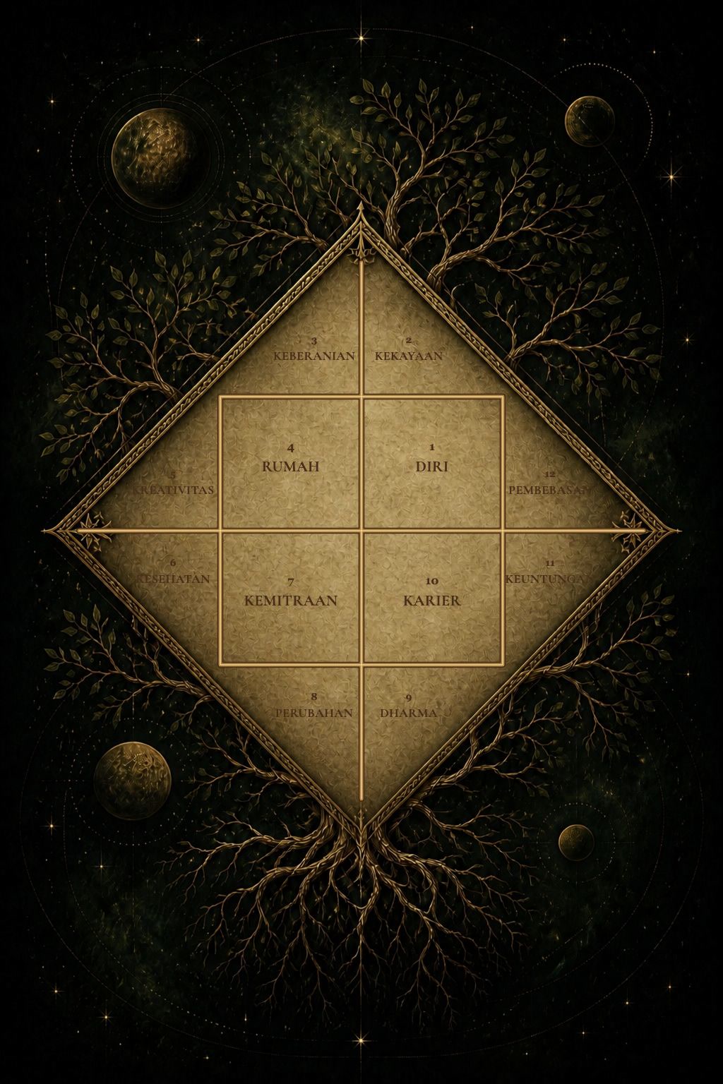 Bagan Jyotish Veda dekoratif dengan 12 rumah yang terjalin dengan akar emas dan bintang.