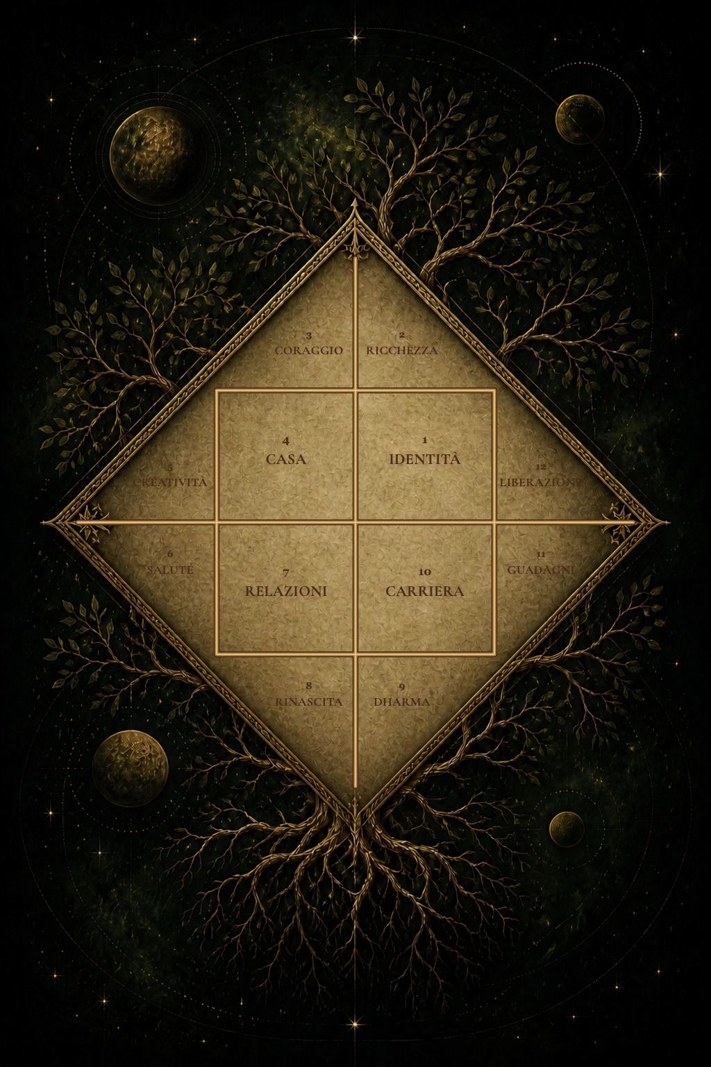 Tema decorativo di Jyotish vedico a 12 case intrecciato con radici dorate e stelle.